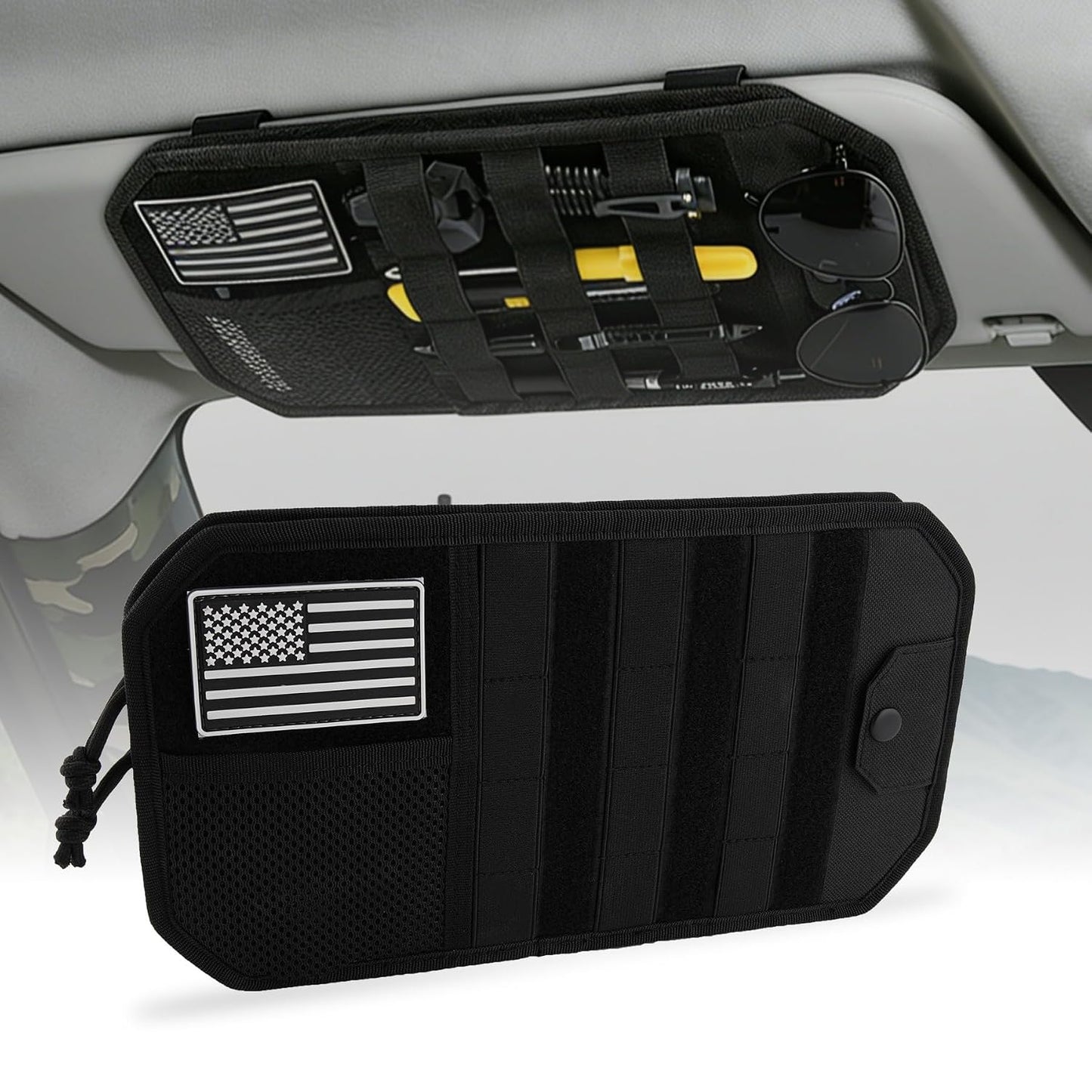 Car Sun Visor Organizer, Tactical Molle Panel Visor Storage Organizer with Sunglasses Holder for Police Gear & Overland Accessories, Universal Fit for Trucks, SUVs, Jeeps & Patrols, Black