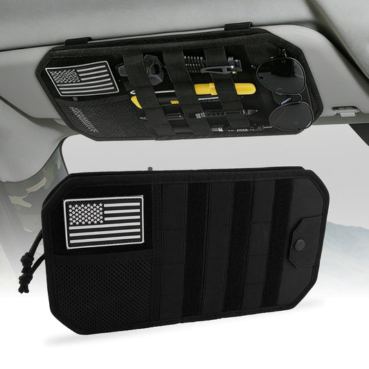 Car Sun Visor Organizer, Tactical Molle Panel Visor Storage Organizer with Sunglasses Holder for Police Gear & Overland Accessories, Universal Fit for Trucks, SUVs, Jeeps & Patrols, Black
