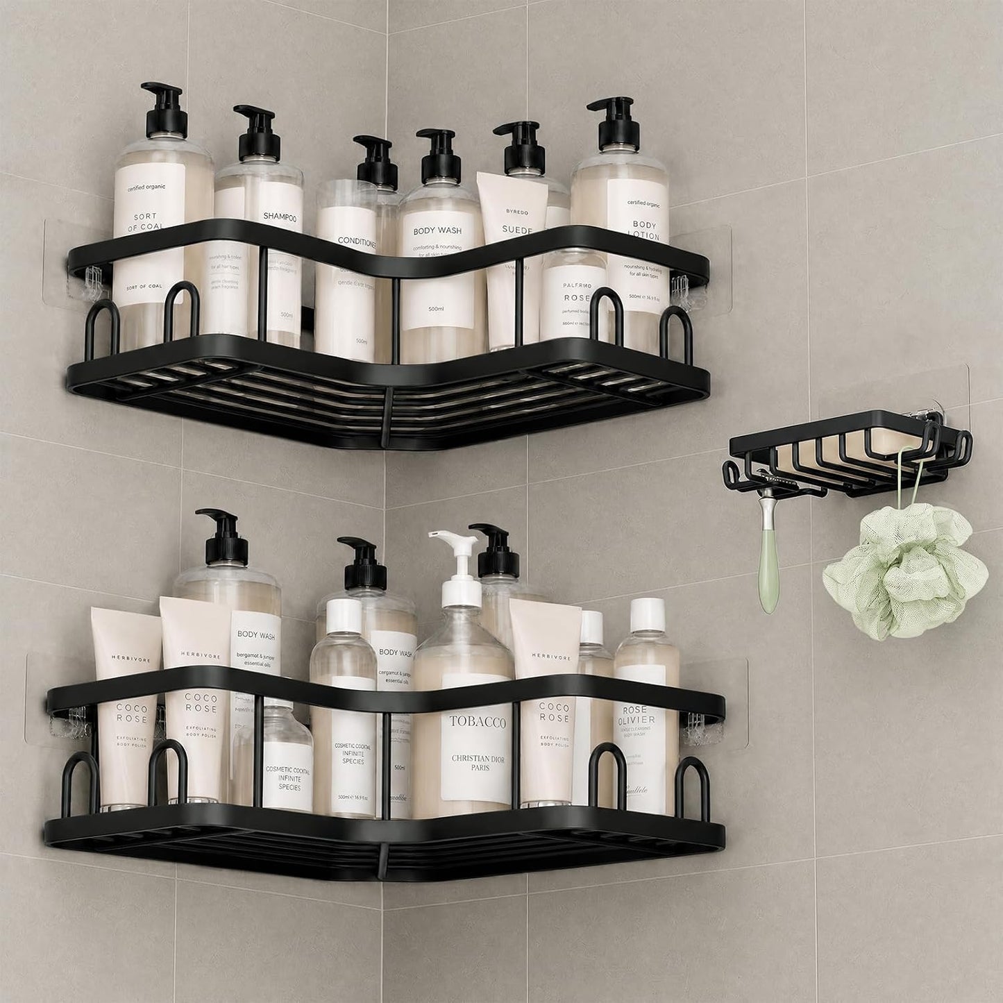 Veken Corner Shower Caddy 3-Pack, Advanced Rustproof Design&Stable Storage | No Drilling Adhesive Shelves, Rack with Soap Holder & Hooks, Thickened Metal Frame, Bathroom Organizers and Storage, Blac