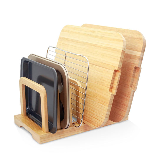 MinBoo Bamboo 5-Slot Adjustable Cutting Board Rack & Bakeware Organizer with Non-Slip Pads for Kitchen Storage,Small