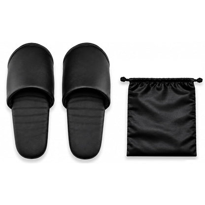 Premium Travel Slippers for Men, Foldable PU Leather Indoor Shoes with Storage Pouch, Non-Slip Portable Hotel & Airplane Slippers, Wipe-Clean Business Travel House Shoes, Black, Fits Up to US Men's 11