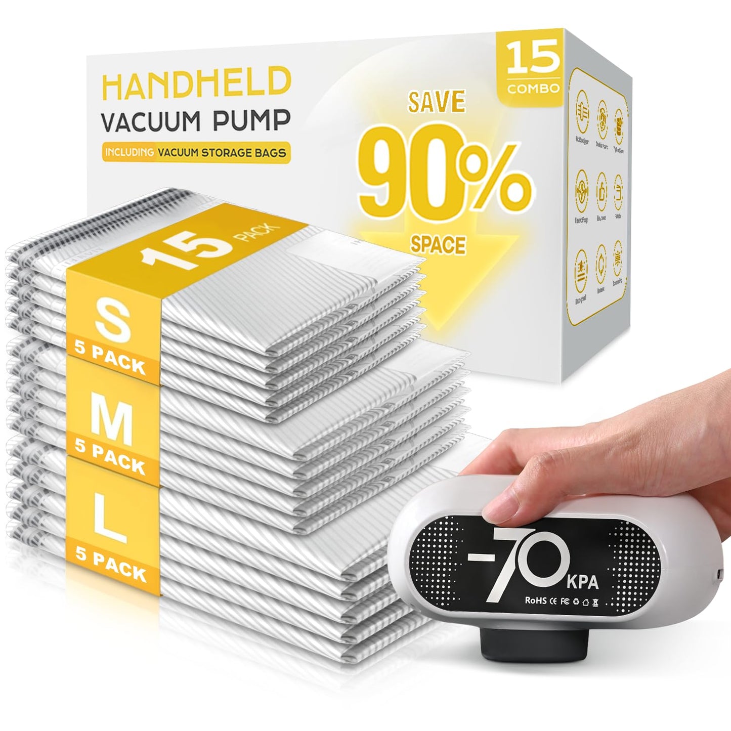 15 Pack Travel Vacuum Bags with Electric Pump, 70KPa Vacuum Storage Bags for Clothing, Reusable Space Saver Bags for Suitcase, Travel & Home Storage, Plaster White
