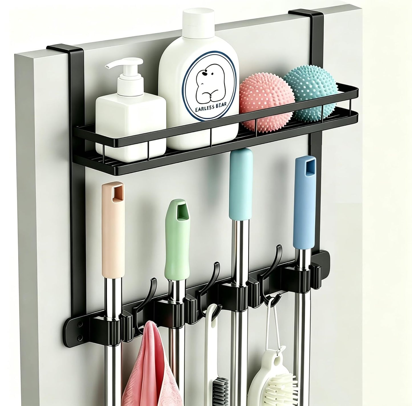 Over the Door Heavy Duty Metal Broom & Mop Holder, No-Drill Cleaning Supply Organizer with 4 Grips, 3 Hooks & 1 Storage Basket for Laundry Room & Garage