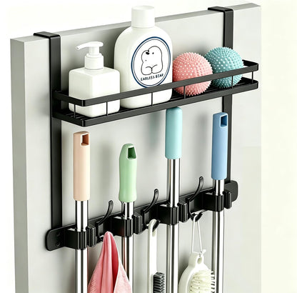 Over the Door Heavy Duty Metal Broom & Mop Holder, No-Drill Cleaning Supply Organizer with 4 Grips, 3 Hooks & 1 Storage Basket for Laundry Room & Garage