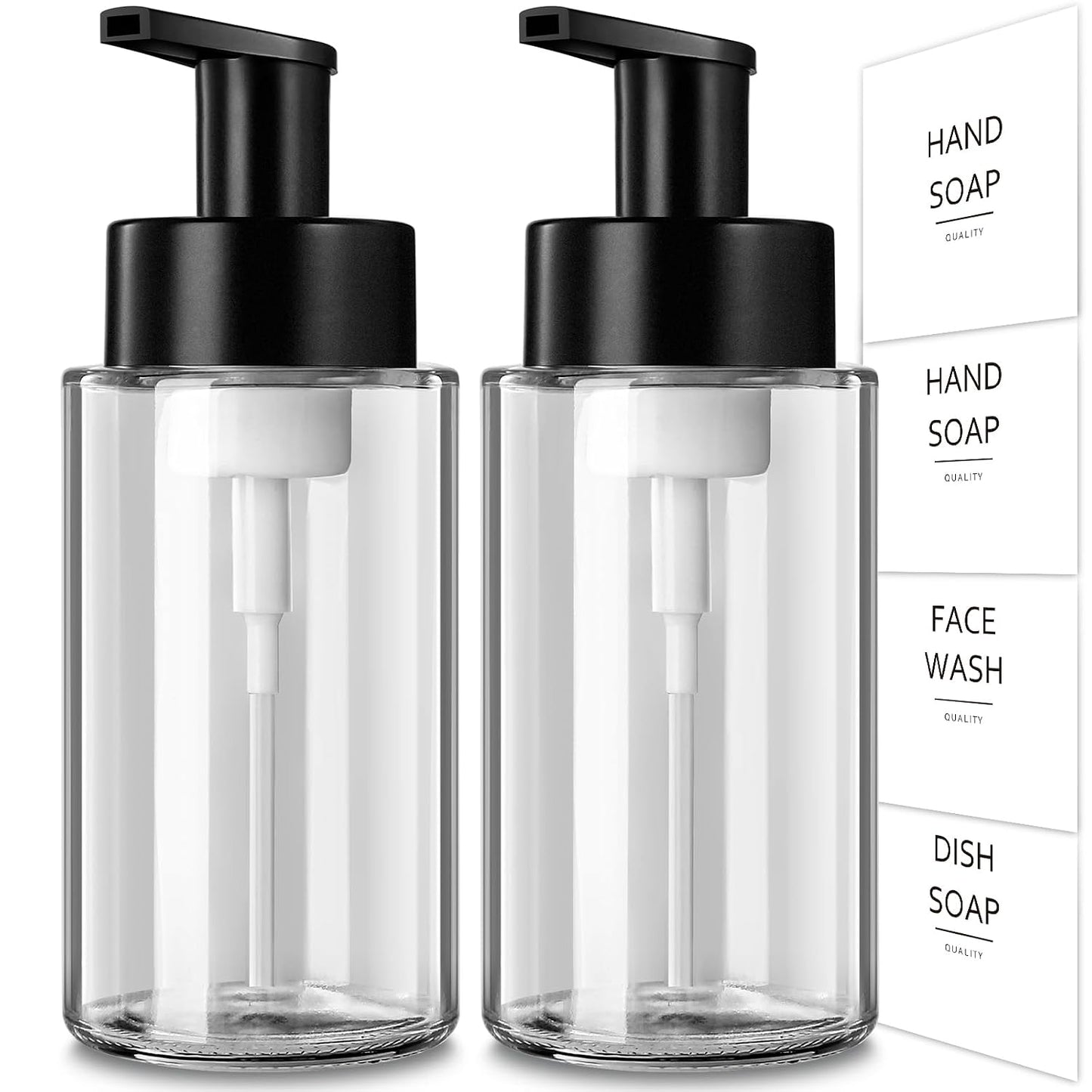 Foaming Soap Dispenser, 10 oz/300ml Foaming Hand Soap Dispenser, 2 Pack Glass Foaming Soap Dispenser for Bathroom Kitchen, Clear Refillable Foam Soap Dispenser Bottle with Waterproof Labels