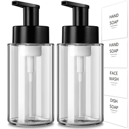 Foaming Soap Dispenser, 10 oz/300ml Foaming Hand Soap Dispenser, 2 Pack Glass Foaming Soap Dispenser for Bathroom Kitchen, Clear Refillable Foam Soap Dispenser Bottle with Waterproof Labels