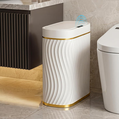 2.6 Gallon Automatic Bathroom Trash Can with Touchless Lid, White Gold | Motion Sensor Trash Can with Slim Waterproof Body; Small Plastic Garbage Can, hands-free lid for Bedroom, office, and kitchen