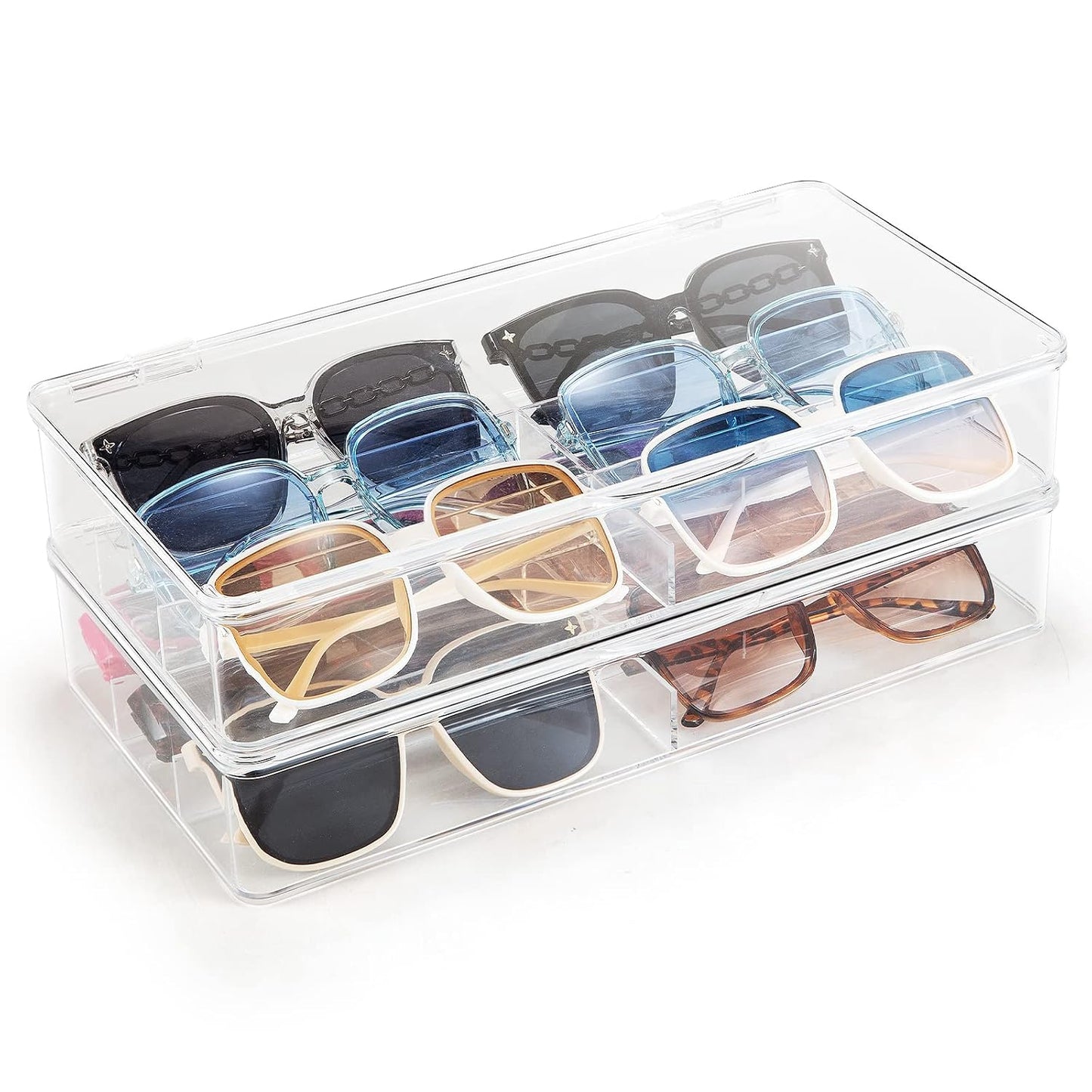 Acrylic Eyeglass Organizer, Stackable Sunglasses Case Storage Organizer with Lid - 2 Pack