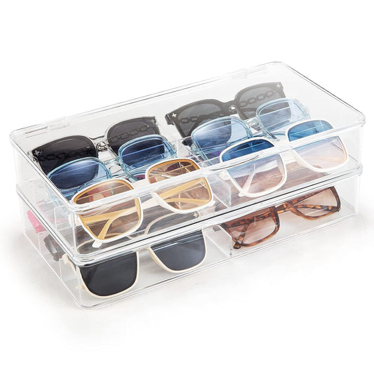 Acrylic Eyeglass Organizer, Stackable Sunglasses Case Storage Organizer with Lid - 2 Pack