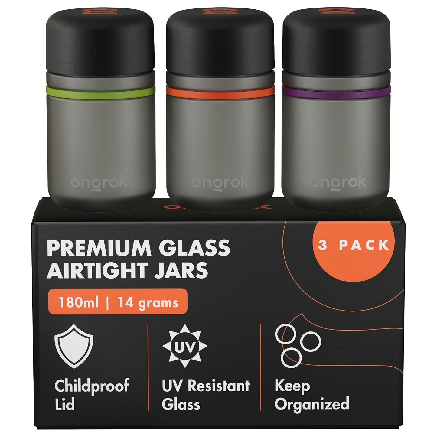 Glass Storage Jar, 180ml, 3 Pack | UV Herb/Spice Jar with Child‑Resistant Lid, Color‑Coded Glass Containers to Preserve Smell and Aroma