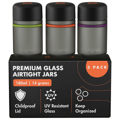 Glass Storage Jar, 180ml, 3 Pack | UV Herb/Spice Jar with Child‑Resistant Lid, Color‑Coded Glass Containers to Preserve Smell and Aroma