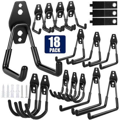18 Pack Garage Hooks, Anti-Slip Coating, Hooks for Hanging Heavy Duty for Garages, Bicycles, Ladders, Gardening, Tools, Including 3 Organizing Straps