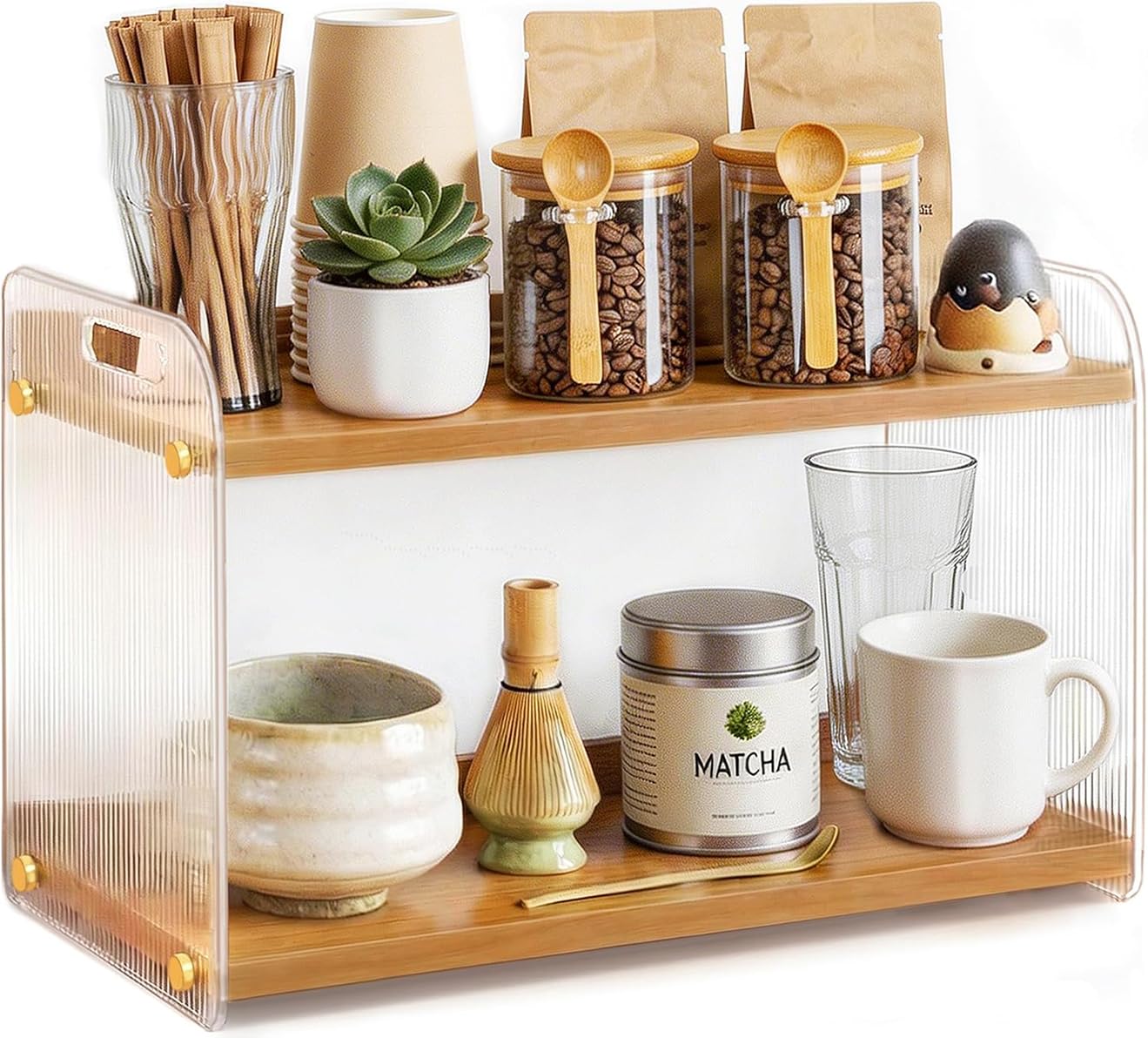 2 Tier Coffee Station Organizer - Acrylic & Pine Wood -15.75" x6.18" x9.37" | Easy-to-Clean coffee bar shelf, Matcha Station for Kitchen Countertops, for Placing Mugs, Coffee Beans, Syrup, Cups etc.