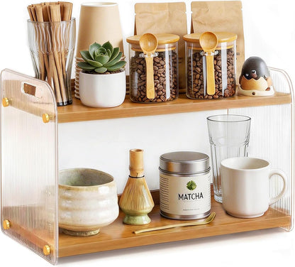 2 Tier Coffee Station Organizer - Acrylic & Pine Wood -15.75" x6.18" x9.37" | Easy-to-Clean coffee bar shelf, Matcha Station for Kitchen Countertops, for Placing Mugs, Coffee Beans, Syrup, Cups etc.