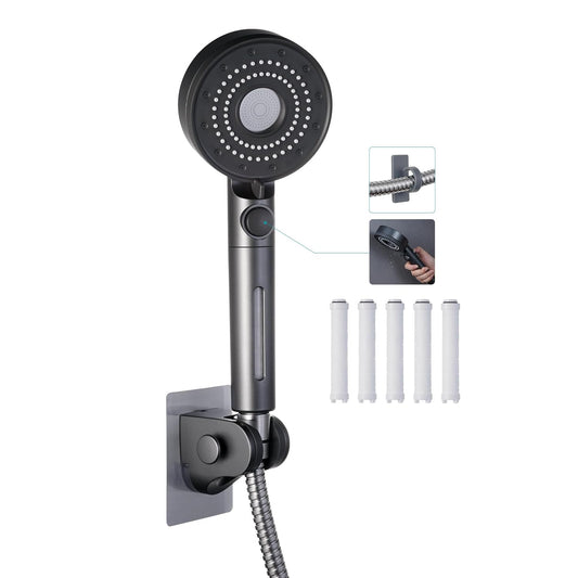 Handheld Filter RV Shower Head with Stainless Steel Shower Hose | ON OFF Switch,5 Mode High Pressure Spray,for RV,Camper,Bathroom,with No Drilling Wall Mount Adhesive Shower Holder