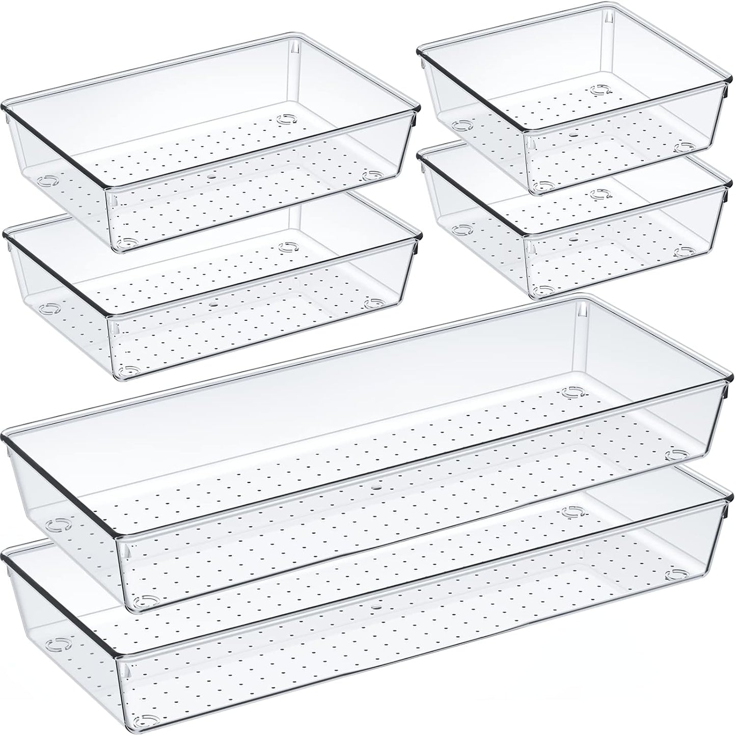 6 Pcs Large Size Clear Drawer Organizer Set, Acrylic Non Slip Non Cracking Kitchen Drawer Storage Tray Divider, Multifunctional Storage for Cosmetics, Bathroom, Tools, Kitchen and Office
