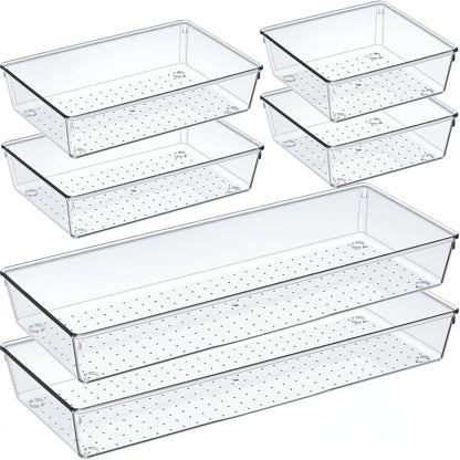 6 Pcs Large Size Clear Drawer Organizer Set, Acrylic Non Slip Non Cracking Kitchen Drawer Storage Tray Divider, Multifunctional Storage for Cosmetics, Bathroom, Tools, Kitchen and Office