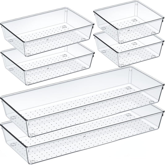 6 Pcs Large Size Clear Drawer Organizer Set, Acrylic Non Slip Non Cracking Kitchen Drawer Storage Tray Divider, Multifunctional Storage for Cosmetics, Bathroom, Tools, Kitchen and Office