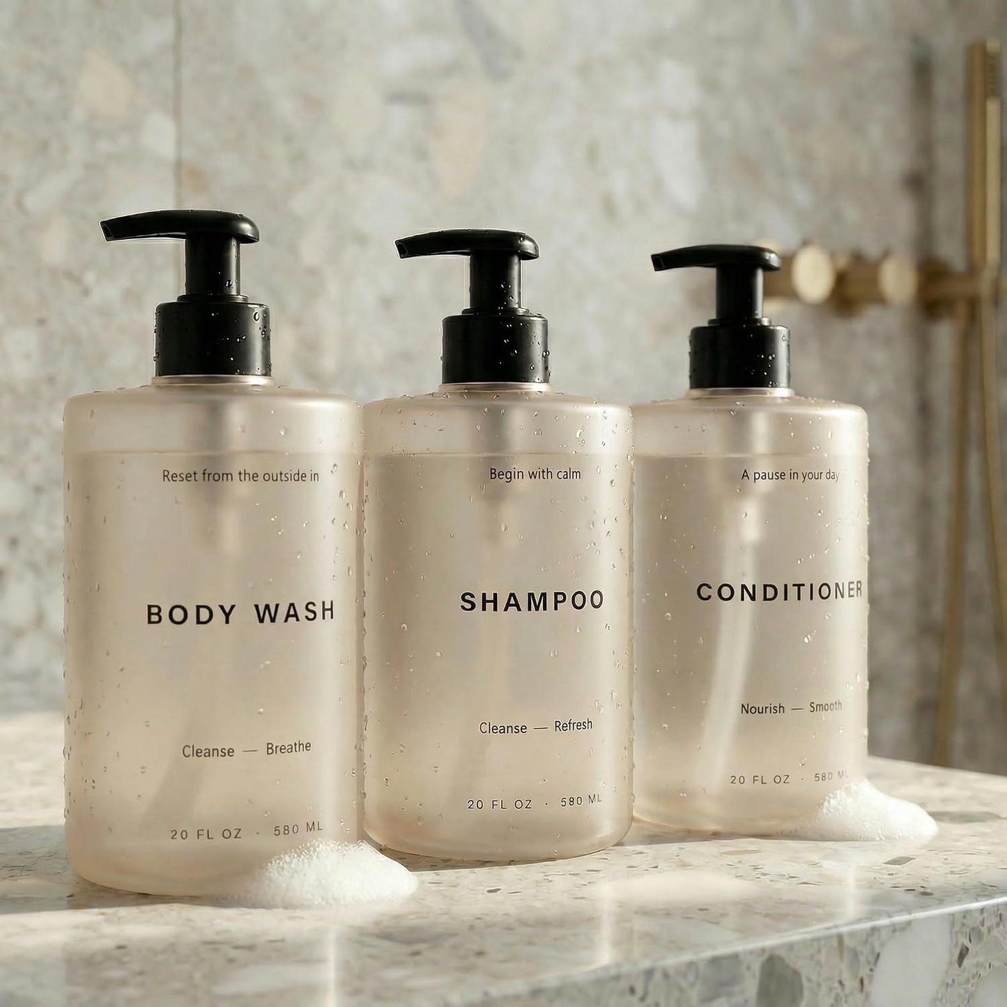 Stylish Shampoo and Conditioner Dispenser Set of 3 - Modern 20oz Shower Soap Bottles with Pump and Labels - Easy to Refill Body Wash Dispensers for an Instant Bathroom Decor Upgrade