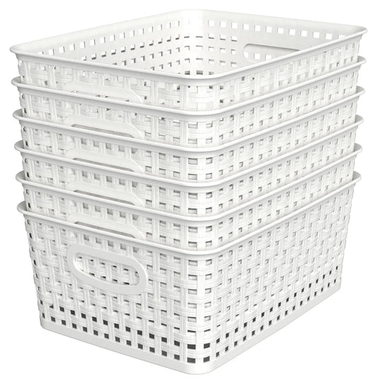 WYT Woven Plastic Storage Baskets, 6 Pack White Weave Bins Organizer, 10.1" x 7.55" x 4.1"