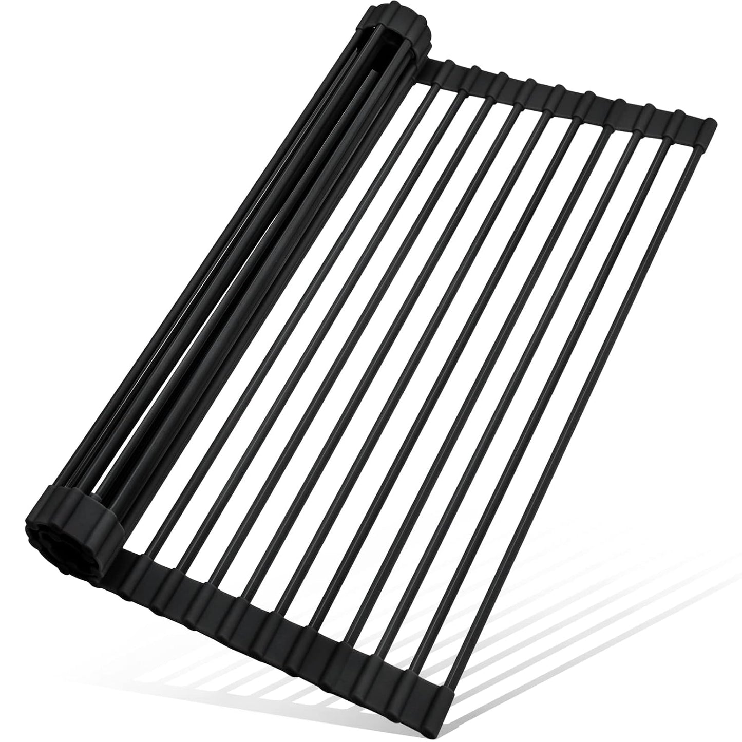 Roll Up Dish Drying Rack Silicone Wrapped Over The Sink Dish Drying Rack Multipurpose Foldable Sink Drying Mat Anti-Slip & Anti-Rust Dish Rack for Kitchen, 17.5" x 13", Black
