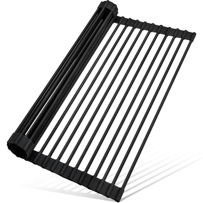 Roll Up Dish Drying Rack Silicone Wrapped Over The Sink Dish Drying Rack Multipurpose Foldable Sink Drying Mat Anti-Slip & Anti-Rust Dish Rack for Kitchen, 17.5" x 13", Black