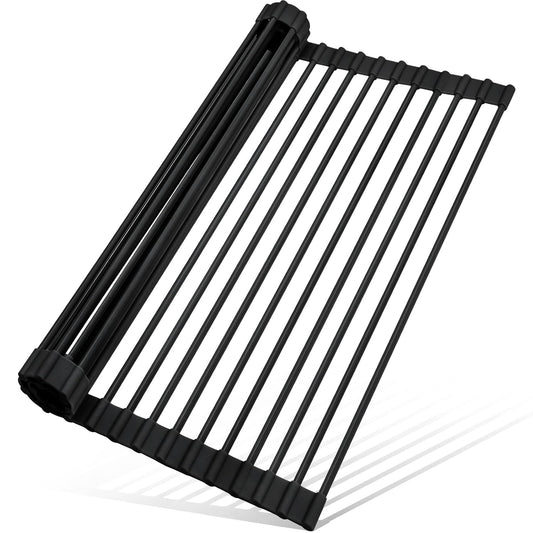 Roll Up Dish Drying Rack Silicone Wrapped Over The Sink Dish Drying Rack Multipurpose Foldable Sink Drying Mat Anti-Slip & Anti-Rust Dish Rack for Kitchen, 17.5" x 13", Black