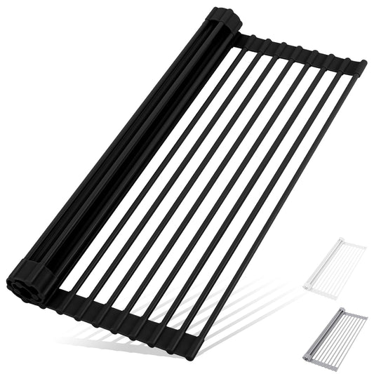 Roll Up Dish Drying Rack Over The Sink Kitchen Roll Up Sink Drying Rack Multipurpose Foldable Sink Drying Mat, Heat-Resistant, Anti-Slip & Anti-Rust Dish Rack for Kitchen, 17" x 13", Black