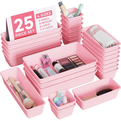 BiuLeon 25 PCS Plastic Drawer Organizers Set, 4-Sizes Vanity and Makeup Organizer, Desk and bathroom Drawer Organizer Trays, Organizers and Storage for Makeup, Jewelry, Gadgets, Utensils (Pink)