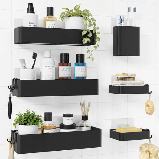 Kitsure Large Shower Caddy - Adhesive 6-Pack Bathroom Shelves, Black | No-Drilling Rustproof Shelves with Soap Holder, Toothbrush Holder, 6 Hooks, Stylish Bathroom Organizers and Storage Solution