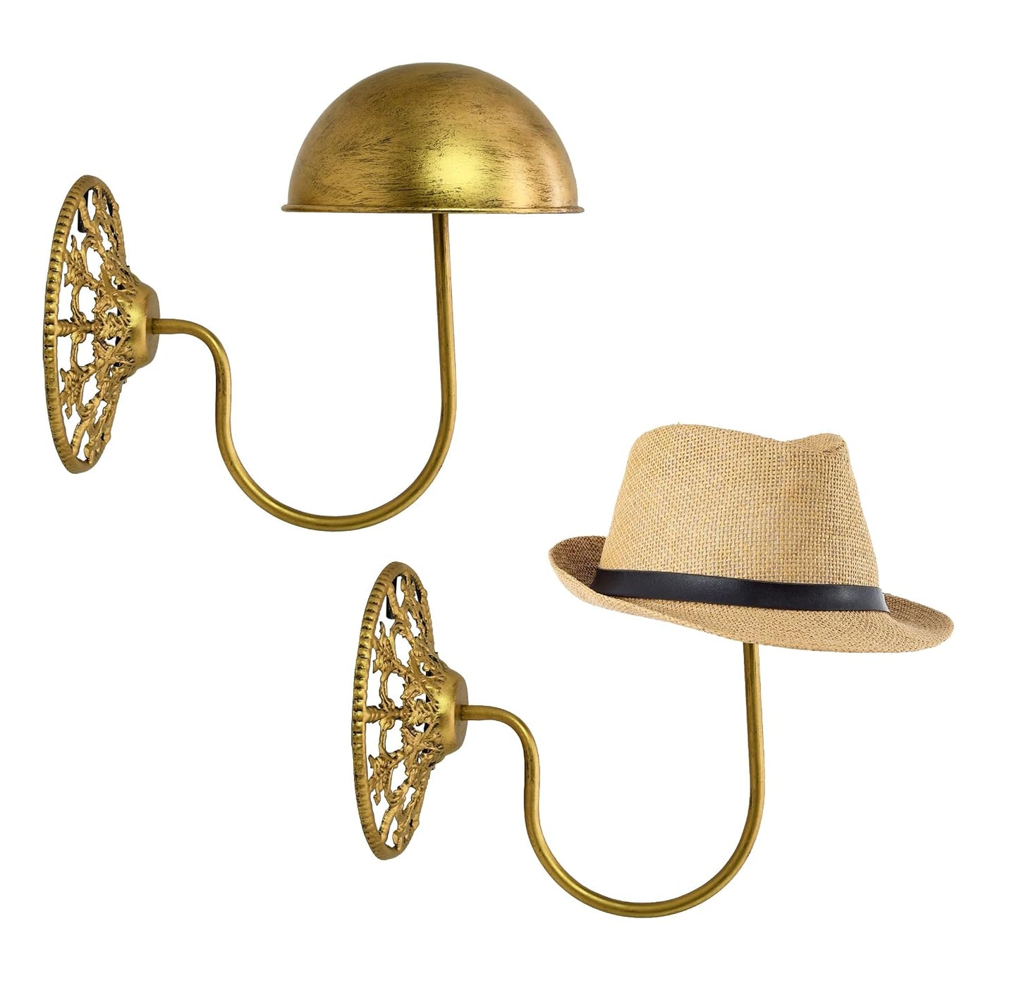 Owlgift Vintage Wall Mount Hat & Coat Rack – Set of 2 – Rustic Gold Decorative Iron Holder for Hats, Scarves, Helmets & Wigs – Retro Entryway Wall Organizer for Home, Store, Restaurant or Hotel Use
