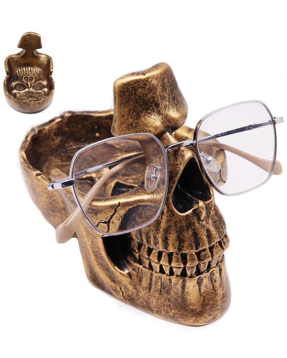 Buminee Glasses Holder for Nightstand, Creative Glasses Stand, Skull Glasses Holder, Skull Resin Sculpture for Home, Office - Bronze