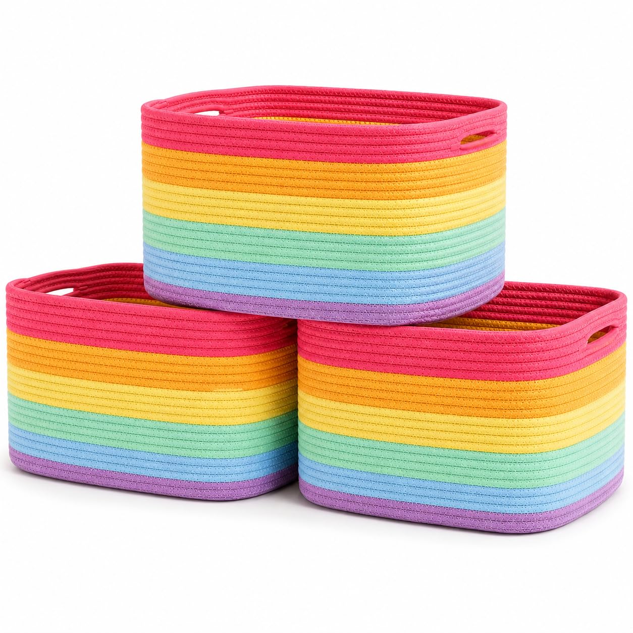 OrganiHaus Rainbow Baskets for Shelves, Set of 3, 15x9x10 | Colorful, handwoven cotton rope; a toy bin for playroom, classroom, or girls' room decor; great for nursery too