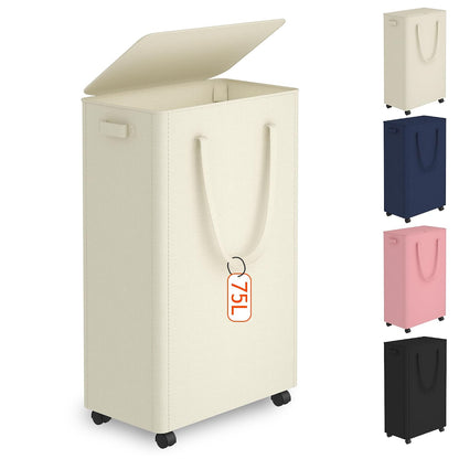 Slim Laundry Hamper with Wheels,20 Gal (75L) Rolling Laundry Basket with lid and wheels Clothes Hamper Foldable Tall Dirty Clothes Basket Sturdy Collapsible Clothes Hamper for Dorm,Laundry Room