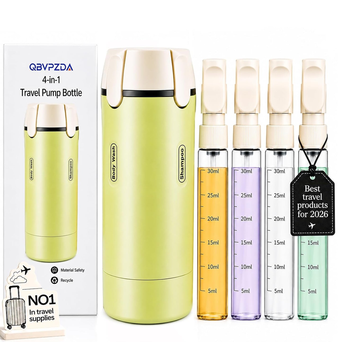 4 in 1 Travel Dispenser Bottle Essentials Camping Toiletries Pump TSA Approved Leak Proof Size Portable Containers Refillable for Shampoo Lotion Creams Body Wash Conditioner Attached Label (Green)