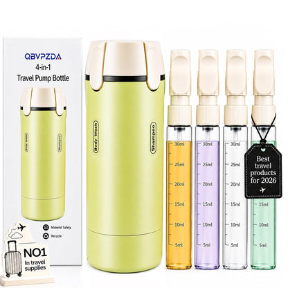 4 in 1 Travel Dispenser Bottle Essentials Camping Toiletries Pump TSA Approved Leak Proof Size Portable Containers Refillable for Shampoo Lotion Creams Body Wash Conditioner Attached Label (Green)