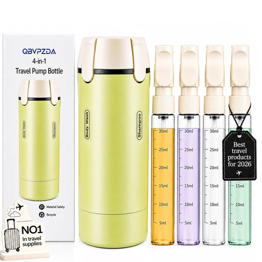 4 in 1 Travel Dispenser Bottle Essentials Camping Toiletries Pump TSA Approved Leak Proof Size Portable Containers Refillable for Shampoo Lotion Creams Body Wash Conditioner Attached Label (Green)