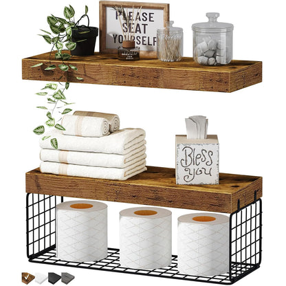 QEEIG Bathroom Shelves Over Toilet - Wall Mounted Floating Shelves Toilet Paper Storage Small Farmhouse Decor Shelf 16 inch Set of 2, Rustic Brown (019-BN2)