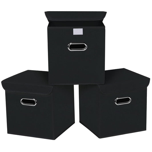Closet Organizers Fabric Storage Bins With Lids Collapsible Cube Storage Organizer Basket With Handles,Storage Boxes for Clothes Storage,Office,Toys,3 Pack,（Black