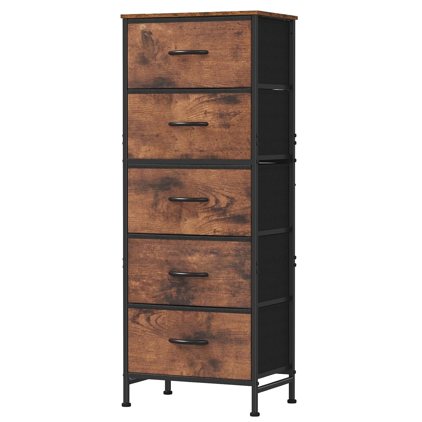 DUMOS Nightstand with 5 Fabric Drawers, Skinny Dresser | Night Stand Bedside Table, Removable Bins, Sturdy Steel Frame Wood Top, Storage Tower for Bedroom Closet, Rustic Brown