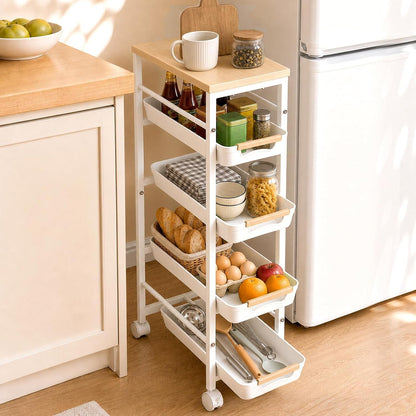 Pipishell Slim Rolling Storage Cart with Drawers & Lockable Wheels, 5 Tier Kitchen Cart with Safety Stops & Vented Design, Wood Top, Pull-Out Utility Cart for Kitchen, Bathroom, Laundry Room, White