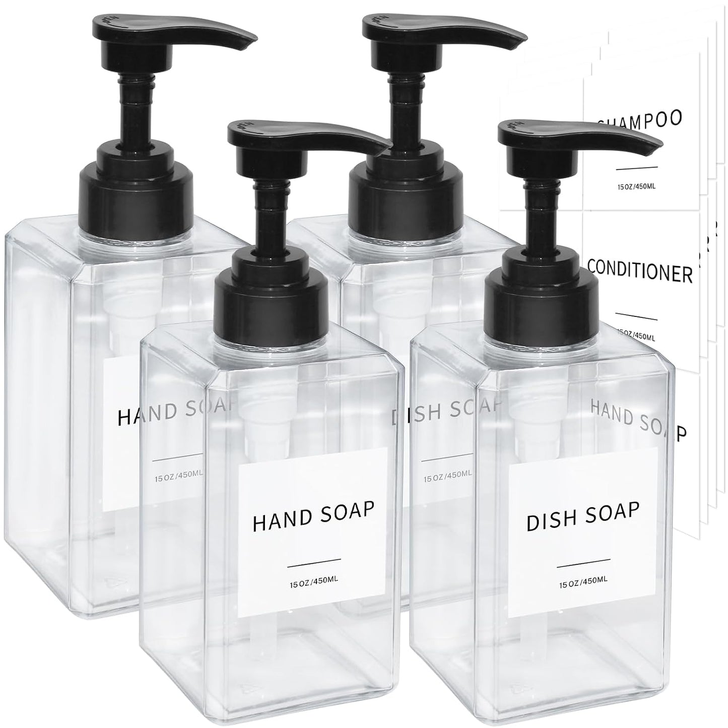Clear Soap Dispenser with Waterproof Labels, Thickened Plastic Hand Soap Dispenser for Bathroom, Kitchen Dish Washing Liquid Bottles, Shampoo and Conditioner Bottles with Funnel (15oz 4Pack Clear)