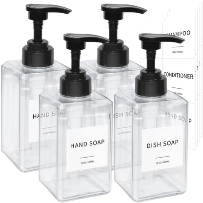 Clear Soap Dispenser with Waterproof Labels, Thickened Plastic Hand Soap Dispenser for Bathroom, Kitchen Dish Washing Liquid Bottles, Shampoo and Conditioner Bottles with Funnel (15oz 4Pack Clear)
