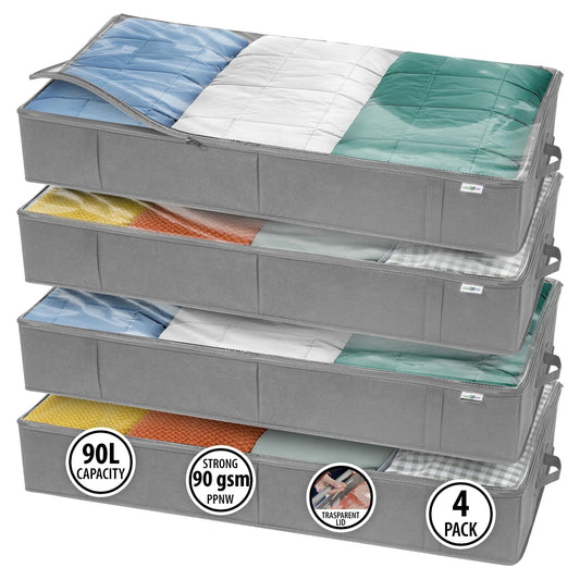 StorageExpert Under Bed Storage Containers, Closet Organizer, Grey, 4 Pack | Under Bed Storage, Foldable Fabric, Large Capacity, Dustproof, Clothes Storage, Blanket Storage, Toy Organizer, Space Saving