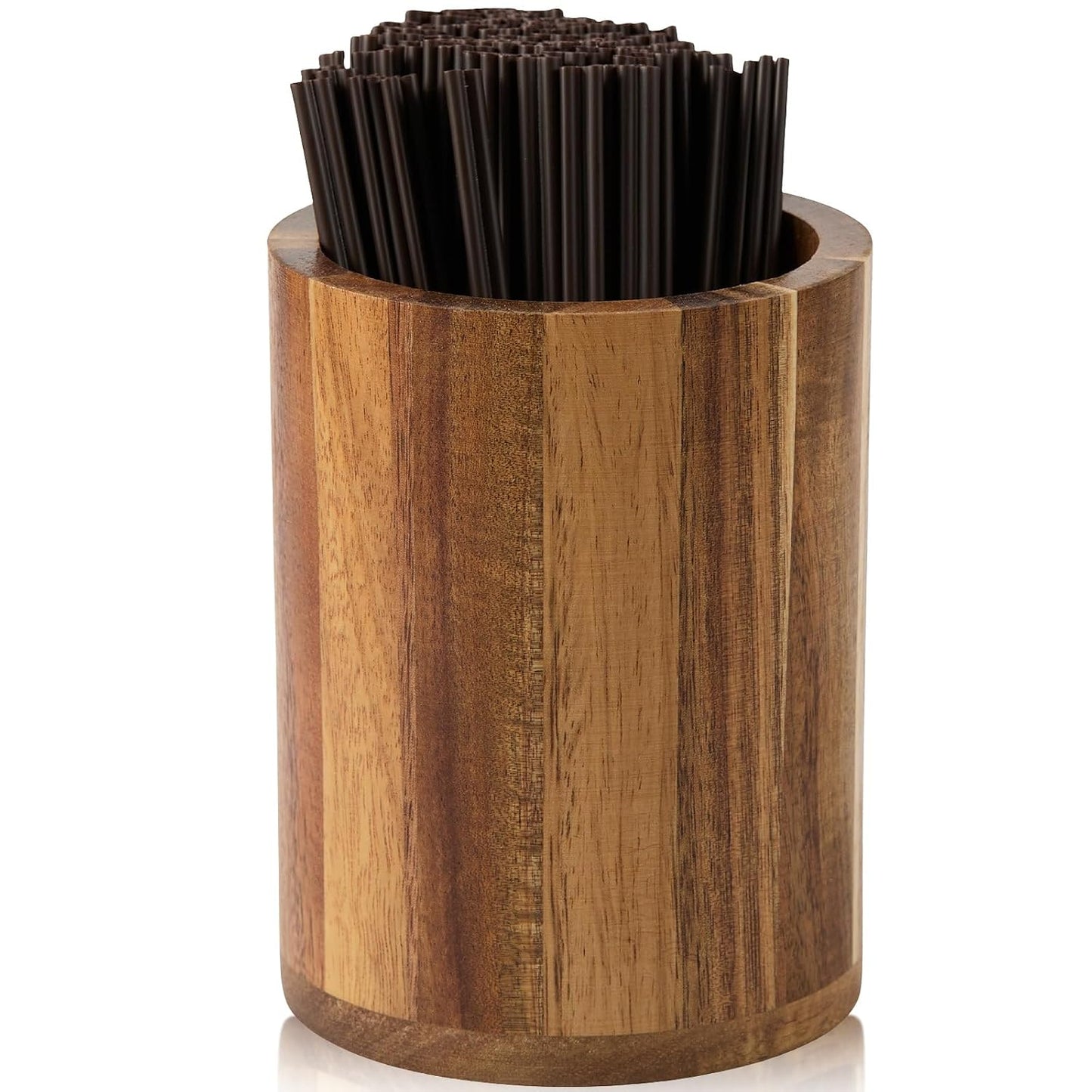Acacia Wood Coffee Straw Holder Set with 100 Disposable Straws, Wooden Bar Accessories for Milk Cocktail Tea Drinks Stirrer Stir Sticks, Organizer for Station Countertop
