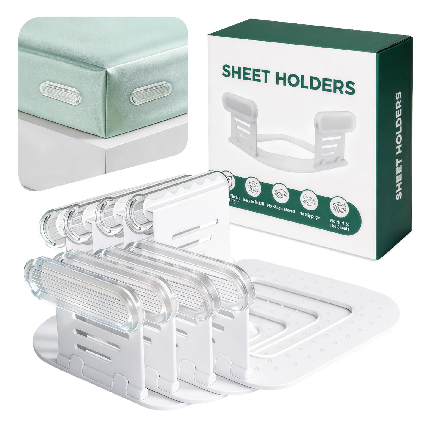 Bed Sheet Holders for Corners-4Pcs Sheet Locks for Fitted Sheets Non-Slip | Durable ABS Snap-Lock Design Keeps Mattress Sheets Firm&Tight, Foldable&Gentle, Easy No-Lift Install for All Mattress Types