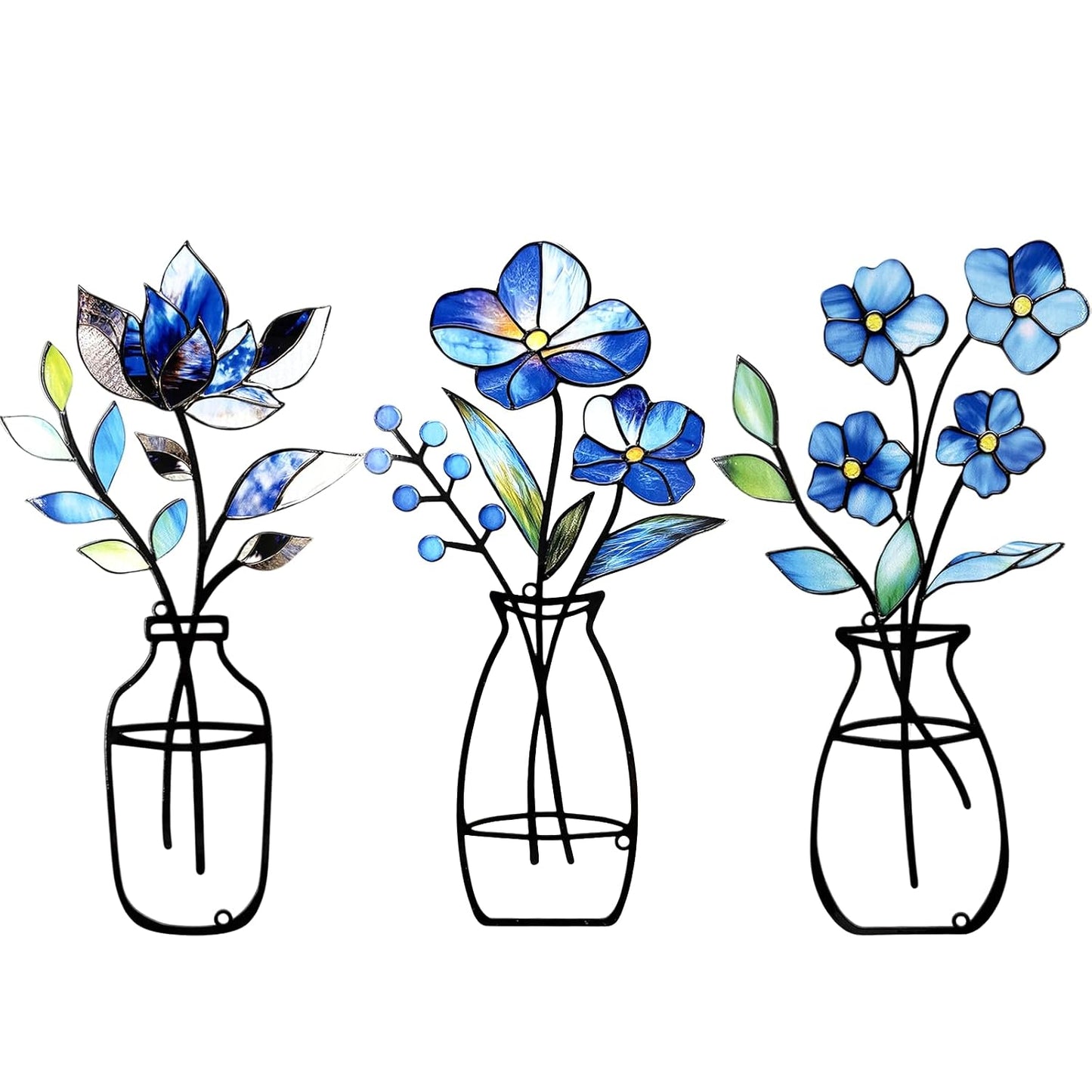 3 Pcs Metal Vase Wall Arts,Iron Art Painting,Rustic Farmhouse Decor Minimalist Flower Wall Decor for Bedroom Bathroom Living Room Dining Room(Blue, Vase-D)