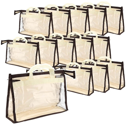 18 Pack 3 Sizes Clear Handbag Storage, Clear Purse Protector Bag with Zipper and Handle Purse Storage Dust Bags for Closet, Beige and Transparent