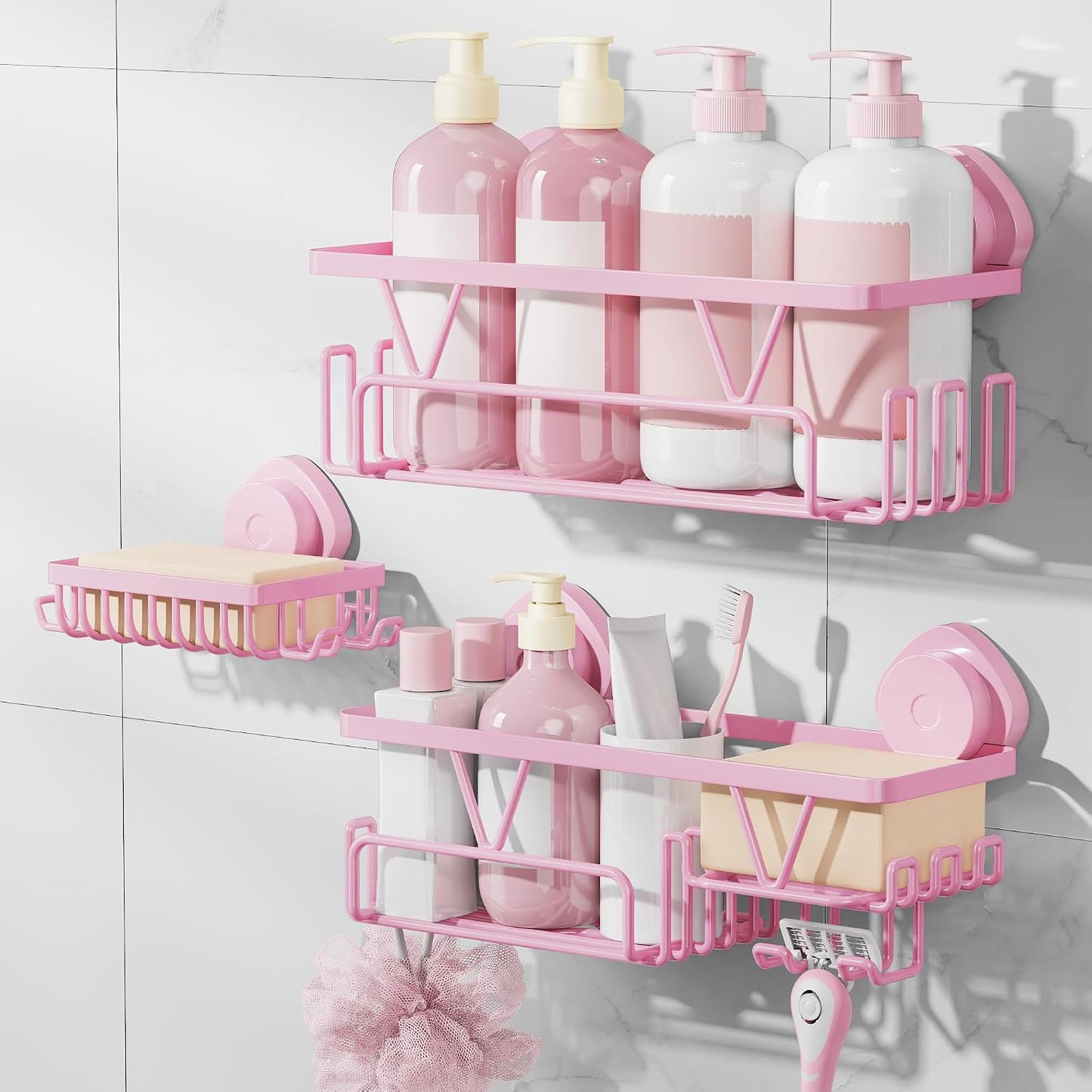 KEGII Suction Cup Shower Caddy 3 Pack, Bathroom Storage Shelf, Pink | Rustproof Stainless Steel Design with Soap Holder and Hooks, Removable No Drill Storage for Shampoo and Bath Accessories