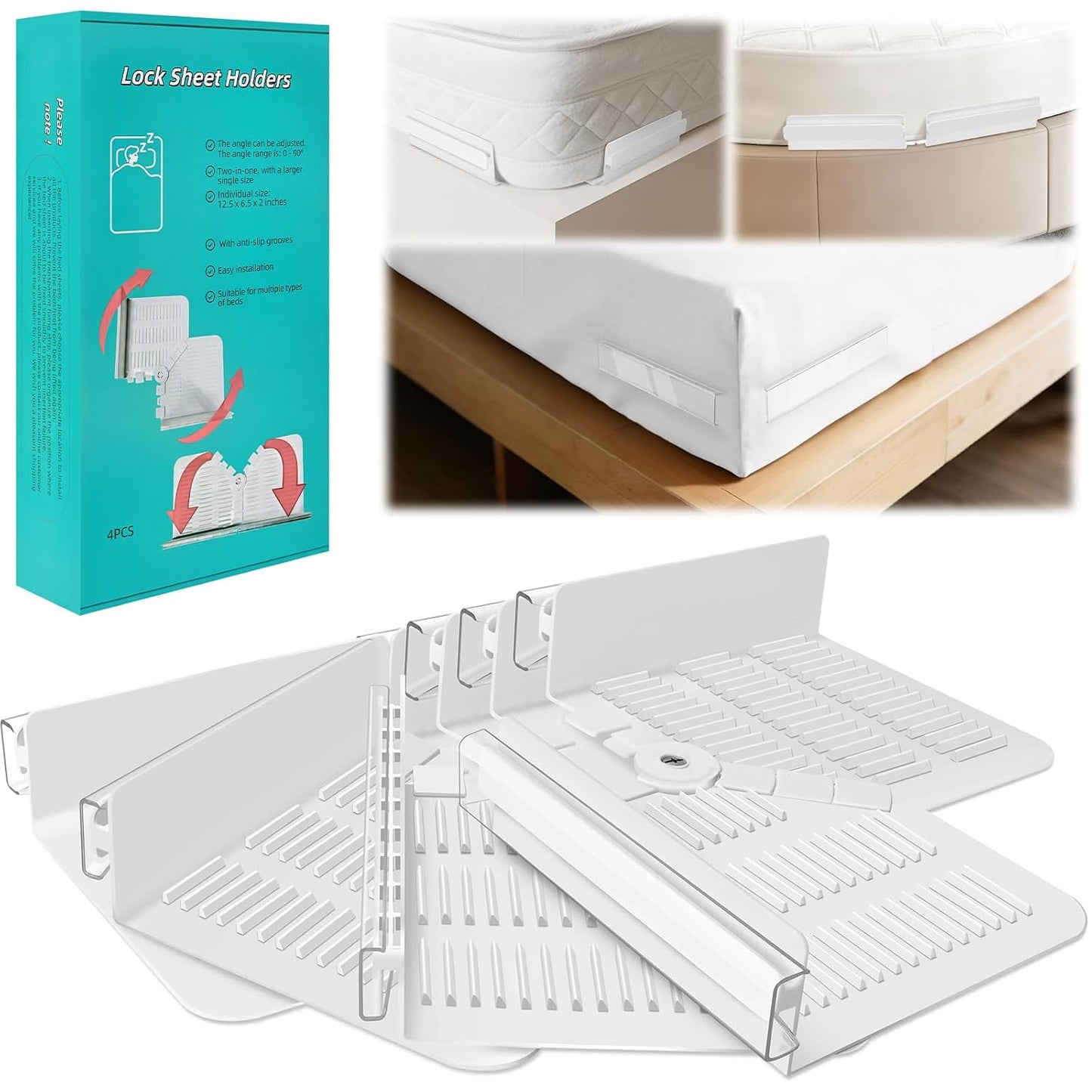 Fitted Bed Sheet Holders for Corners, Anti-Slip Lock Clips Keep Sheets Firm & Tight, Patent Design Adjustable Angle for Mattress Topper Pad of Home Hospital Hotel, Easy Installation, New Year's Gift